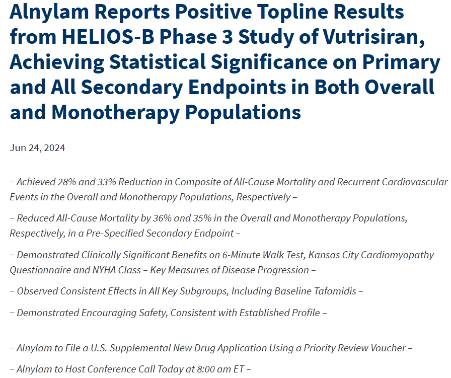 Alnylam ATTR淀粉样变性心肌病新药III期研究成功，即将递交上市申请医药新闻-ByDrug-一站式医药资源共享中心-医药魔方